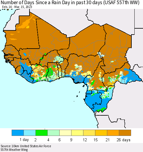 Western Africa Number of Days Since a Rain Day in past 30 days (USAF 557th WW) Thematic Map For 3/11/2023 - 3/15/2023