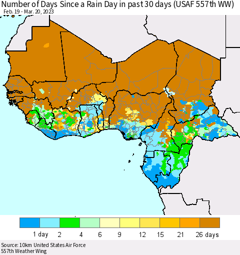 Western Africa Number of Days Since a Rain Day in past 30 days (USAF 557th WW) Thematic Map For 3/16/2023 - 3/20/2023