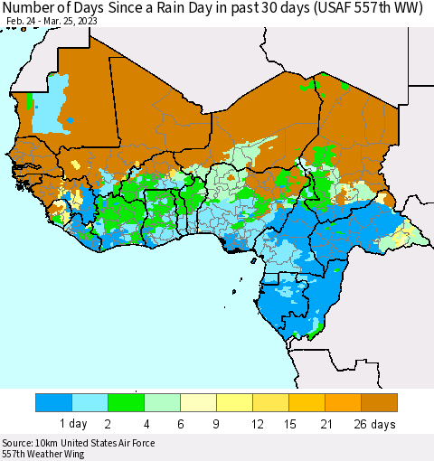 Western Africa Number of Days Since a Rain Day in past 30 days (USAF 557th WW) Thematic Map For 3/21/2023 - 3/25/2023