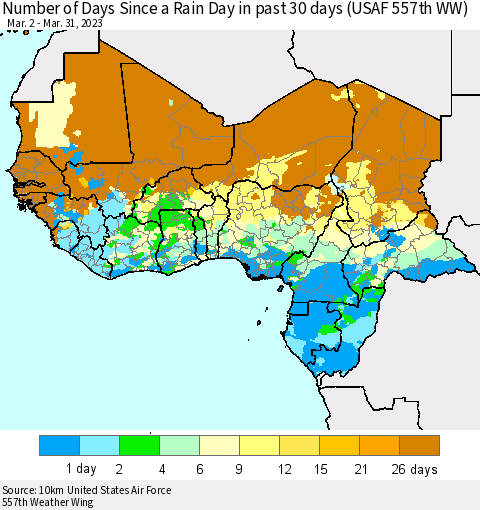 Western Africa Number of Days Since a Rain Day in past 30 days (USAF 557th WW) Thematic Map For 3/26/2023 - 3/31/2023