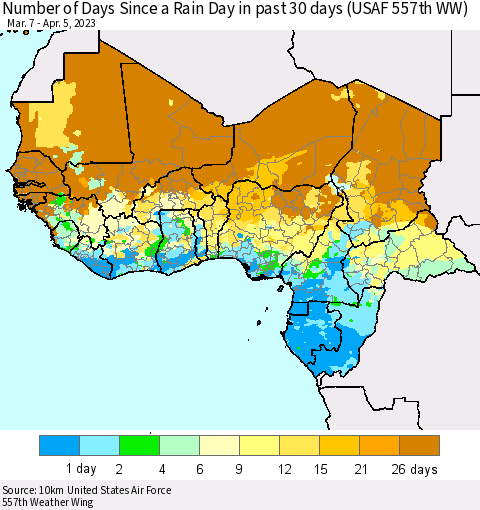 Western Africa Number of Days Since a Rain Day in past 30 days (USAF 557th WW) Thematic Map For 4/1/2023 - 4/5/2023