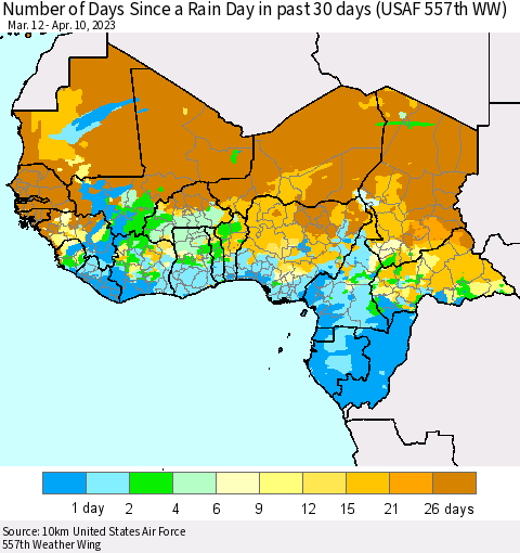 Western Africa Number of Days Since a Rain Day in past 30 days (USAF 557th WW) Thematic Map For 4/6/2023 - 4/10/2023