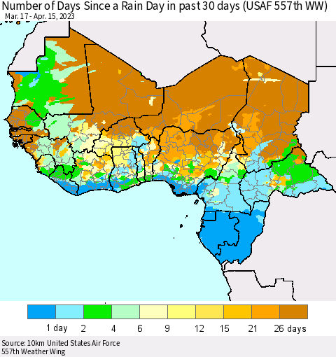 Western Africa Number of Days Since a Rain Day in past 30 days (USAF 557th WW) Thematic Map For 4/11/2023 - 4/15/2023