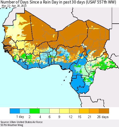Western Africa Number of Days Since a Rain Day in past 30 days (USAF 557th WW) Thematic Map For 4/16/2023 - 4/20/2023