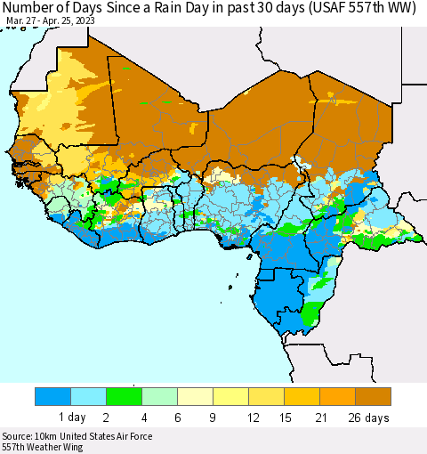 Western Africa Number of Days Since a Rain Day in past 30 days (USAF 557th WW) Thematic Map For 4/21/2023 - 4/25/2023