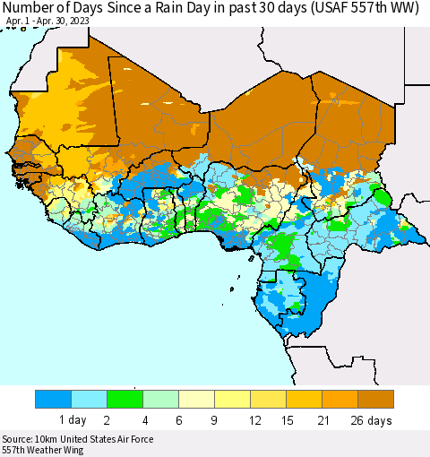 Western Africa Number of Days Since a Rain Day in past 30 days (USAF 557th WW) Thematic Map For 4/26/2023 - 4/30/2023