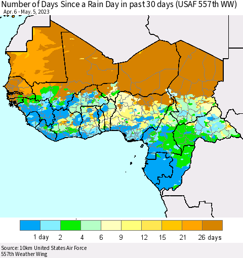 Western Africa Number of Days Since a Rain Day in past 30 days (USAF 557th WW) Thematic Map For 5/1/2023 - 5/5/2023