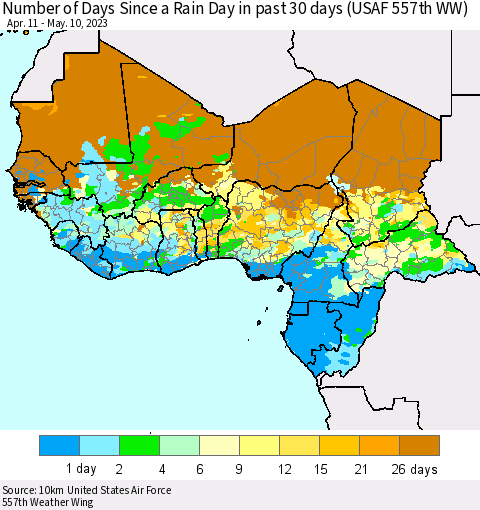 Western Africa Number of Days Since a Rain Day in past 30 days (USAF 557th WW) Thematic Map For 5/6/2023 - 5/10/2023
