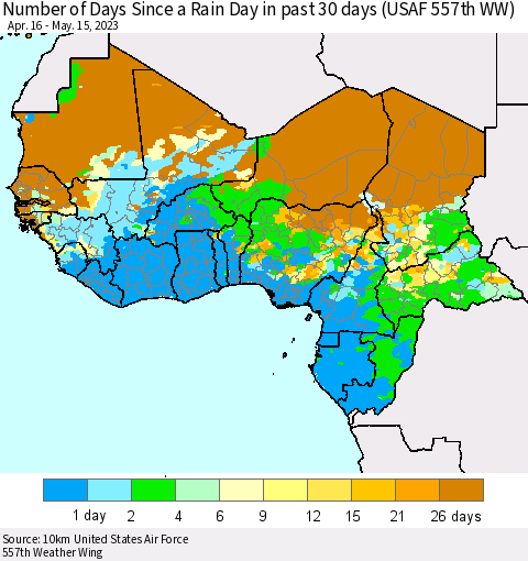 Western Africa Number of Days Since a Rain Day in past 30 days (USAF 557th WW) Thematic Map For 5/11/2023 - 5/15/2023