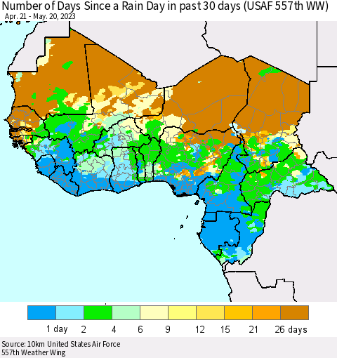 Western Africa Number of Days Since a Rain Day in past 30 days (USAF 557th WW) Thematic Map For 5/16/2023 - 5/20/2023