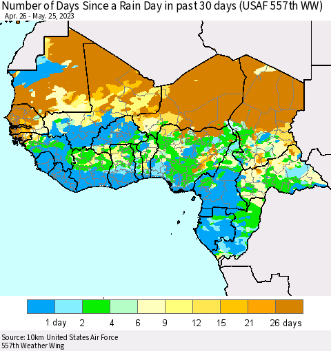 Western Africa Number of Days Since a Rain Day in past 30 days (USAF 557th WW) Thematic Map For 5/21/2023 - 5/25/2023