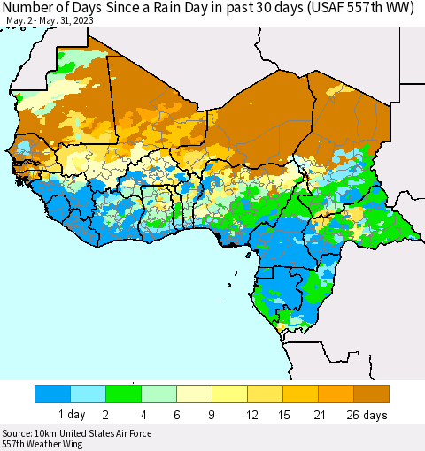 Western Africa Number of Days Since a Rain Day in past 30 days (USAF 557th WW) Thematic Map For 5/26/2023 - 5/31/2023