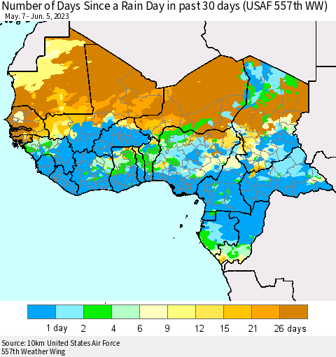 Western Africa Number of Days Since a Rain Day in past 30 days (USAF 557th WW) Thematic Map For 6/1/2023 - 6/5/2023