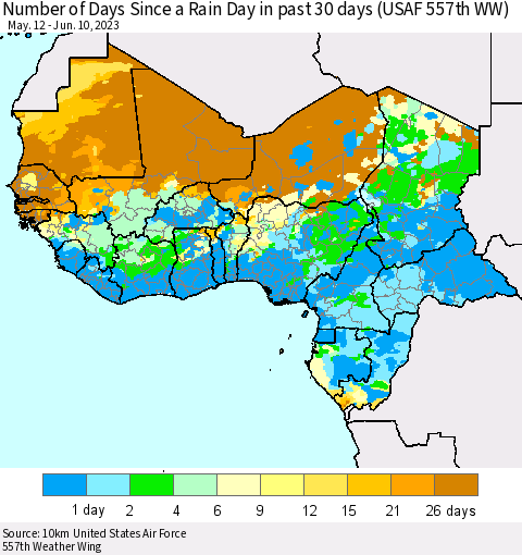 Western Africa Number of Days Since a Rain Day in past 30 days (USAF 557th WW) Thematic Map For 6/6/2023 - 6/10/2023