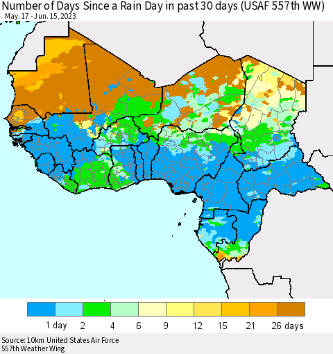 Western Africa Number of Days Since a Rain Day in past 30 days (USAF 557th WW) Thematic Map For 6/11/2023 - 6/15/2023