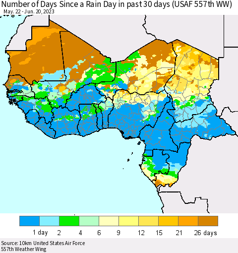 Western Africa Number of Days Since a Rain Day in past 30 days (USAF 557th WW) Thematic Map For 6/16/2023 - 6/20/2023