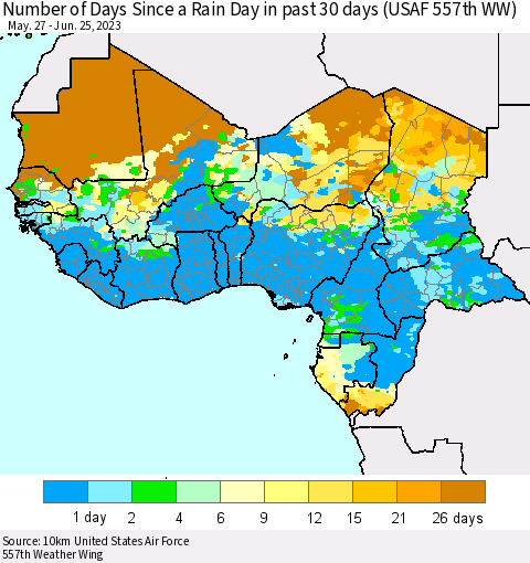 Western Africa Number of Days Since a Rain Day in past 30 days (USAF 557th WW) Thematic Map For 6/21/2023 - 6/25/2023