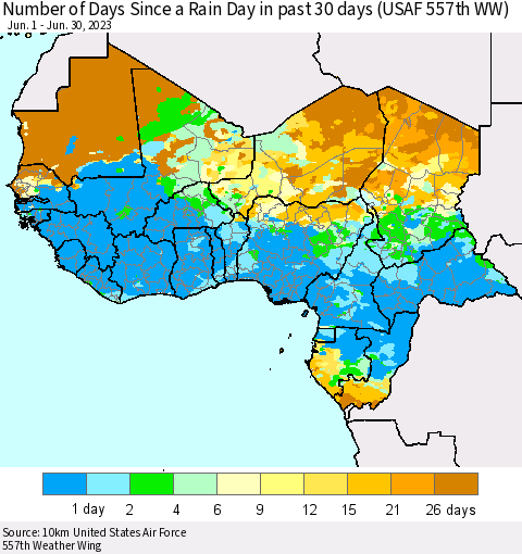 Western Africa Number of Days Since a Rain Day in past 30 days (USAF 557th WW) Thematic Map For 6/26/2023 - 6/30/2023