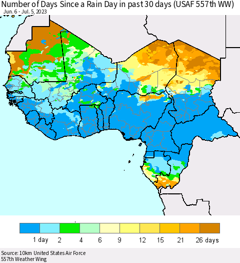 Western Africa Number of Days Since a Rain Day in past 30 days (USAF 557th WW) Thematic Map For 7/1/2023 - 7/5/2023