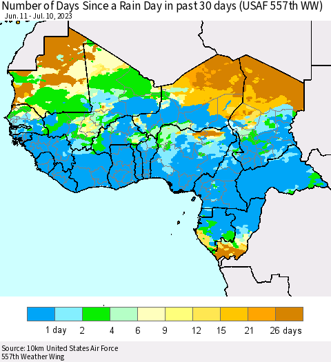 Western Africa Number of Days Since a Rain Day in past 30 days (USAF 557th WW) Thematic Map For 7/6/2023 - 7/10/2023