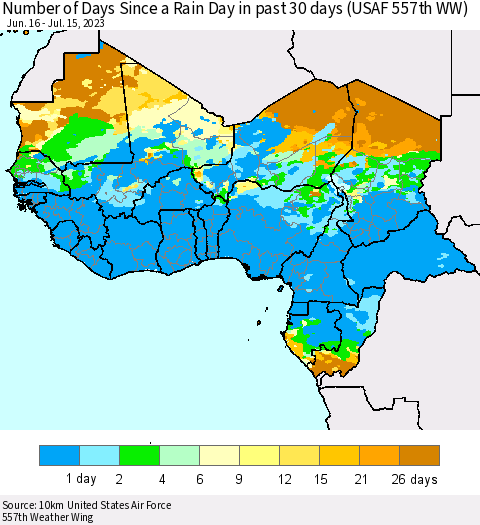 Western Africa Number of Days Since a Rain Day in past 30 days (USAF 557th WW) Thematic Map For 7/11/2023 - 7/15/2023