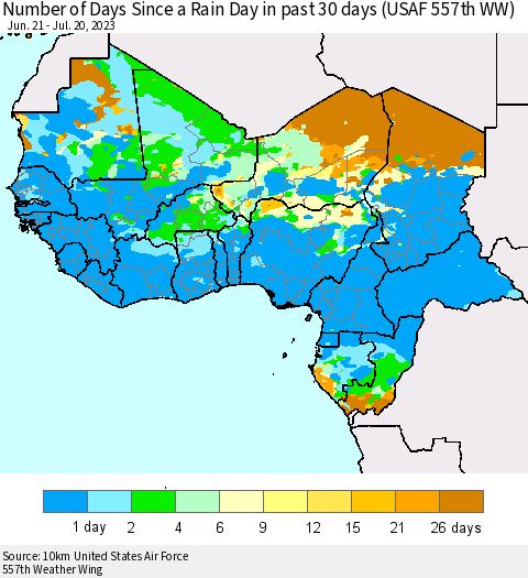 Western Africa Number of Days Since a Rain Day in past 30 days (USAF 557th WW) Thematic Map For 7/16/2023 - 7/20/2023