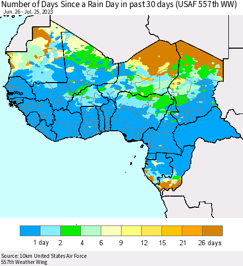 Western Africa Number of Days Since a Rain Day in past 30 days (USAF 557th WW) Thematic Map For 7/21/2023 - 7/25/2023