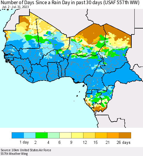 Western Africa Number of Days Since a Rain Day in past 30 days (USAF 557th WW) Thematic Map For 7/26/2023 - 7/31/2023