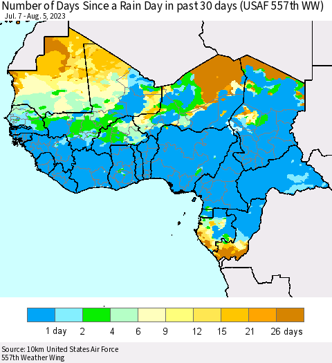 Western Africa Number of Days Since a Rain Day in past 30 days (USAF 557th WW) Thematic Map For 8/1/2023 - 8/5/2023