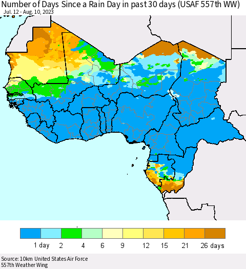 Western Africa Number of Days Since a Rain Day in past 30 days (USAF 557th WW) Thematic Map For 8/6/2023 - 8/10/2023