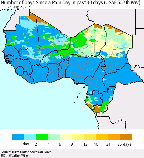 Western Africa Number of Days Since a Rain Day in past 30 days (USAF 557th WW) Thematic Map For 8/16/2023 - 8/20/2023