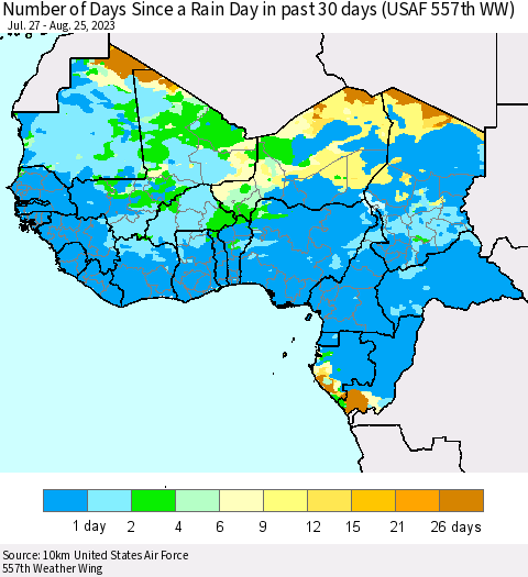 Western Africa Number of Days Since a Rain Day in past 30 days (USAF 557th WW) Thematic Map For 8/21/2023 - 8/25/2023