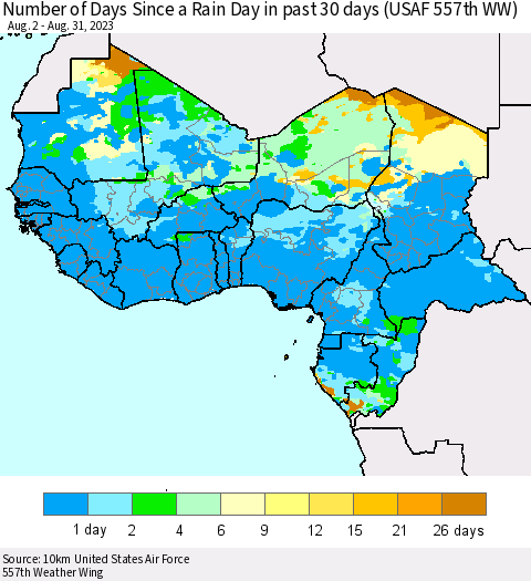 Western Africa Number of Days Since a Rain Day in past 30 days (USAF 557th WW) Thematic Map For 8/26/2023 - 8/31/2023