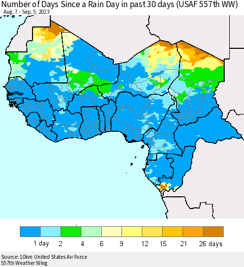 Western Africa Number of Days Since a Rain Day in past 30 days (USAF 557th WW) Thematic Map For 9/1/2023 - 9/5/2023