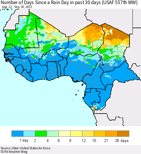 Western Africa Number of Days Since a Rain Day in past 30 days (USAF 557th WW) Thematic Map For 9/16/2023 - 9/20/2023