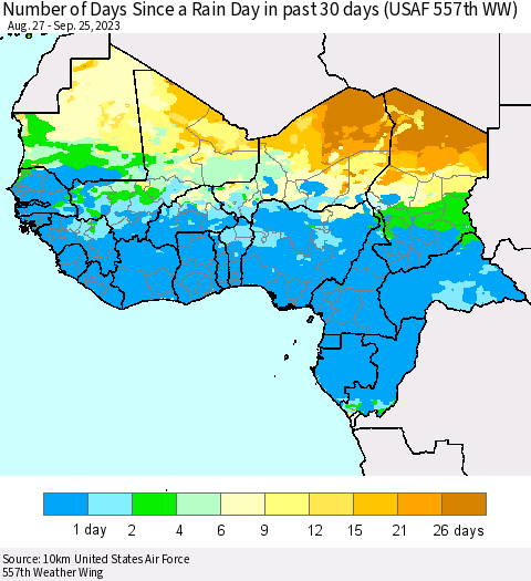 Western Africa Number of Days Since a Rain Day in past 30 days (USAF 557th WW) Thematic Map For 9/21/2023 - 9/25/2023