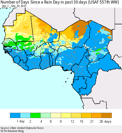 Western Africa Number of Days Since a Rain Day in past 30 days (USAF 557th WW) Thematic Map For 9/26/2023 - 9/30/2023
