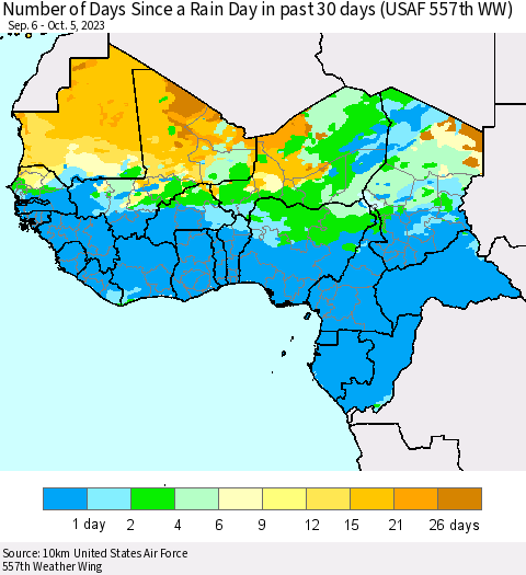Western Africa Number of Days Since a Rain Day in past 30 days (USAF 557th WW) Thematic Map For 10/1/2023 - 10/5/2023