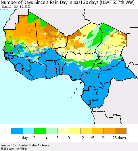Western Africa Number of Days Since a Rain Day in past 30 days (USAF 557th WW) Thematic Map For 10/6/2023 - 10/10/2023