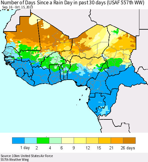 Western Africa Number of Days Since a Rain Day in past 30 days (USAF 557th WW) Thematic Map For 10/11/2023 - 10/15/2023