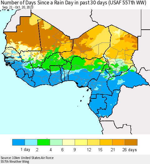 Western Africa Number of Days Since a Rain Day in past 30 days (USAF 557th WW) Thematic Map For 10/16/2023 - 10/20/2023