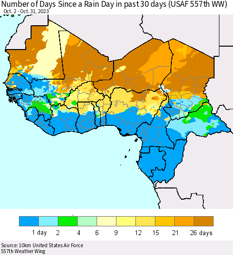 Western Africa Number of Days Since a Rain Day in past 30 days (USAF 557th WW) Thematic Map For 10/26/2023 - 10/31/2023