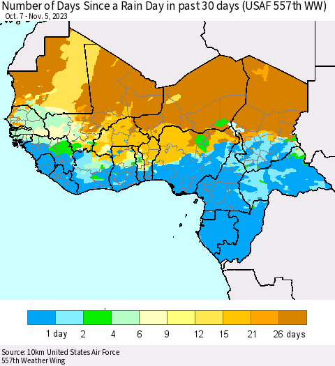 Western Africa Number of Days Since a Rain Day in past 30 days (USAF 557th WW) Thematic Map For 11/1/2023 - 11/5/2023