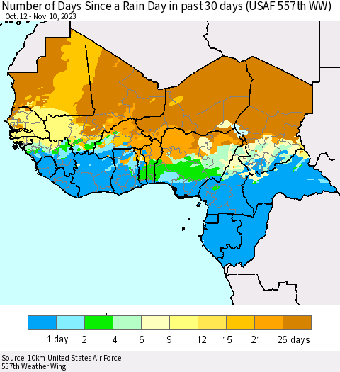 Western Africa Number of Days Since a Rain Day in past 30 days (USAF 557th WW) Thematic Map For 11/6/2023 - 11/10/2023