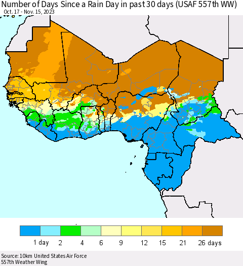 Western Africa Number of Days Since a Rain Day in past 30 days (USAF 557th WW) Thematic Map For 11/11/2023 - 11/15/2023