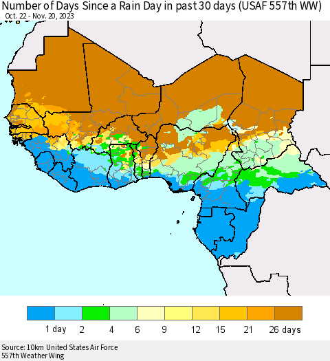Western Africa Number of Days Since a Rain Day in past 30 days (USAF 557th WW) Thematic Map For 11/16/2023 - 11/20/2023
