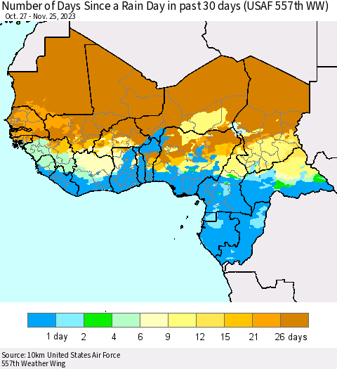 Western Africa Number of Days Since a Rain Day in past 30 days (USAF 557th WW) Thematic Map For 11/21/2023 - 11/25/2023