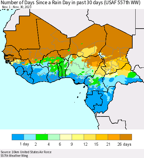 Western Africa Number of Days Since a Rain Day in past 30 days (USAF 557th WW) Thematic Map For 11/26/2023 - 11/30/2023