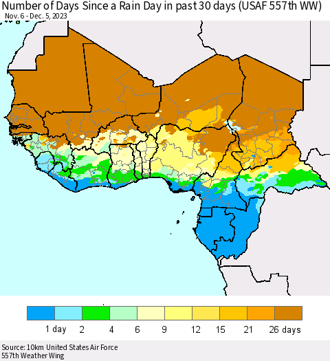 Western Africa Number of Days Since a Rain Day in past 30 days (USAF 557th WW) Thematic Map For 12/1/2023 - 12/5/2023