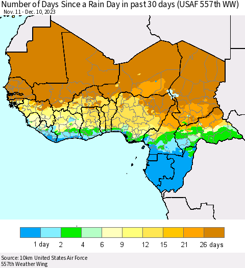 Western Africa Number of Days Since a Rain Day in past 30 days (USAF 557th WW) Thematic Map For 12/6/2023 - 12/10/2023